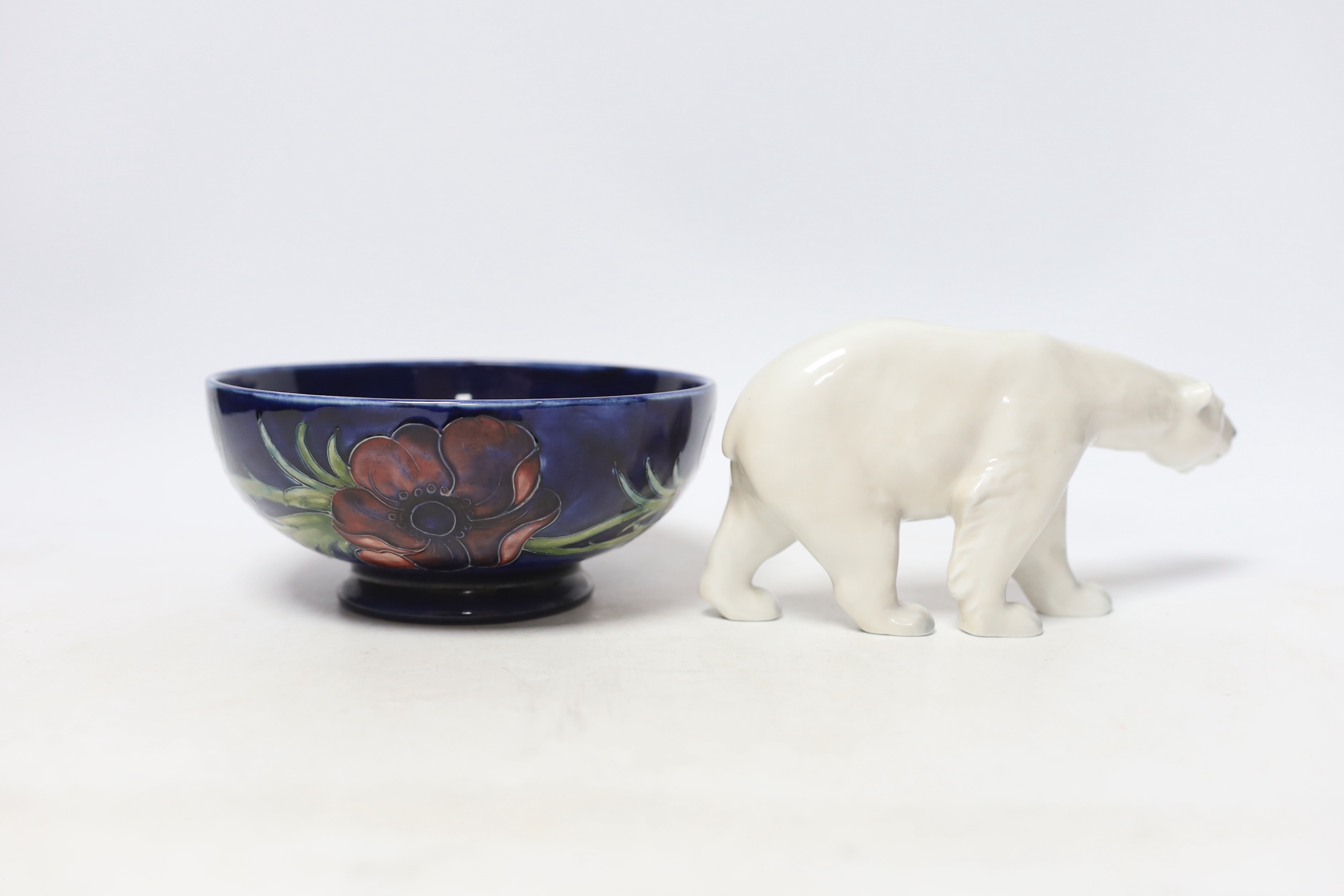 A Moorcroft anemone bowl and a Copenhagen polar bear, Moorcroft bowl 16cm diameter